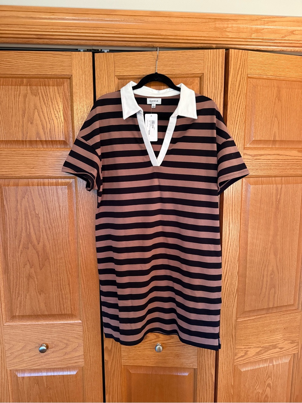 Evereve Black and Tan/brown Striped Polo Mini Dress with White Collar